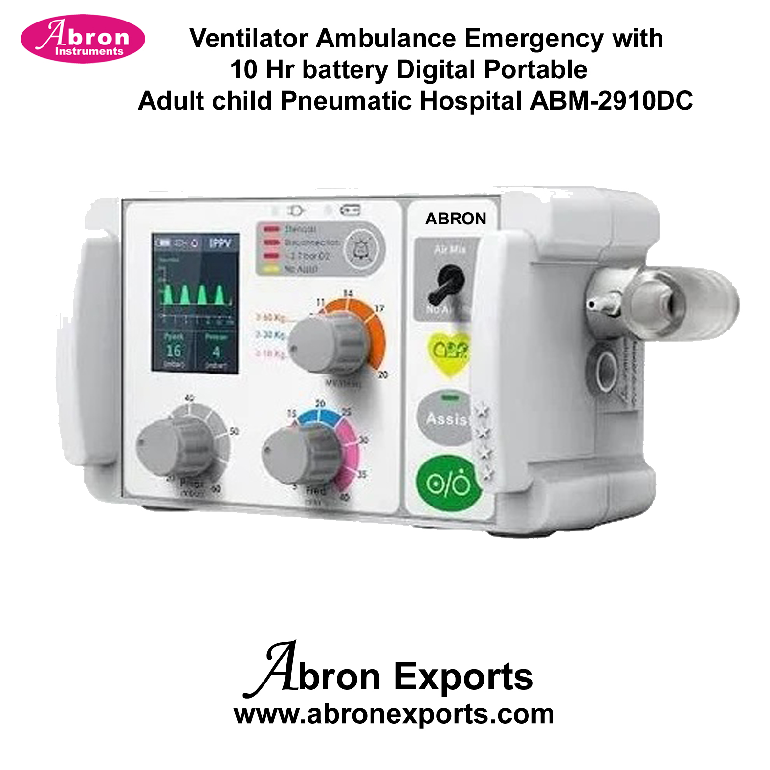 Ventilator Ambulance Emergency with 10 Hr Battery Digital Portable Adult Child Pneumatic Hospital ABM-2910DC